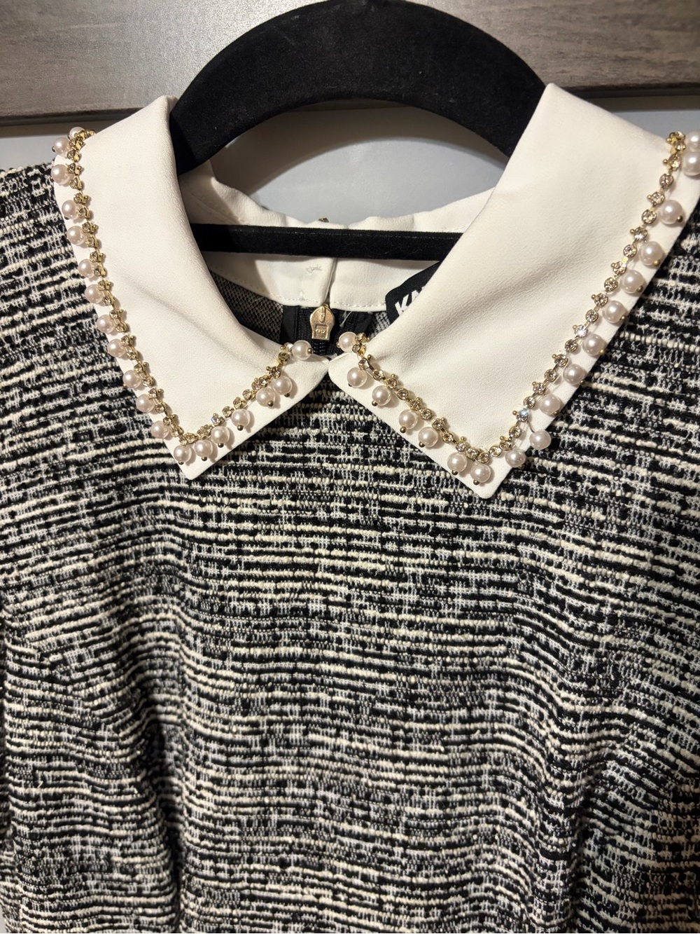 Karl Lagerfeld Paris Collared Tweed A-Line Dress Embellished Pearls Rhinestones - Picture 8 of 15